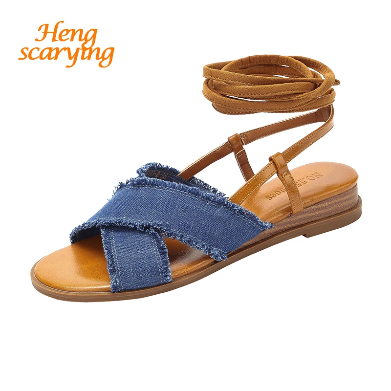 

2019 New Women Summer 3cm Wedges Sandals Lady Denim Cross Tied Flats Sandals Female Valentine Beach Sexy Fetish Students Shoes