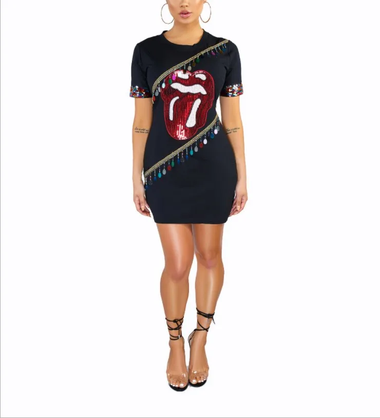 

2019 Summer Elastic Cotton Knit Dress Short Sleeve Sequin Dress picture beaded Dress
