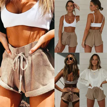 

Womens Sexy Casual and Loose Ultrathin and Soft Solid Ladies Summer High Waist Tie Belt Casual Shorts Trousers