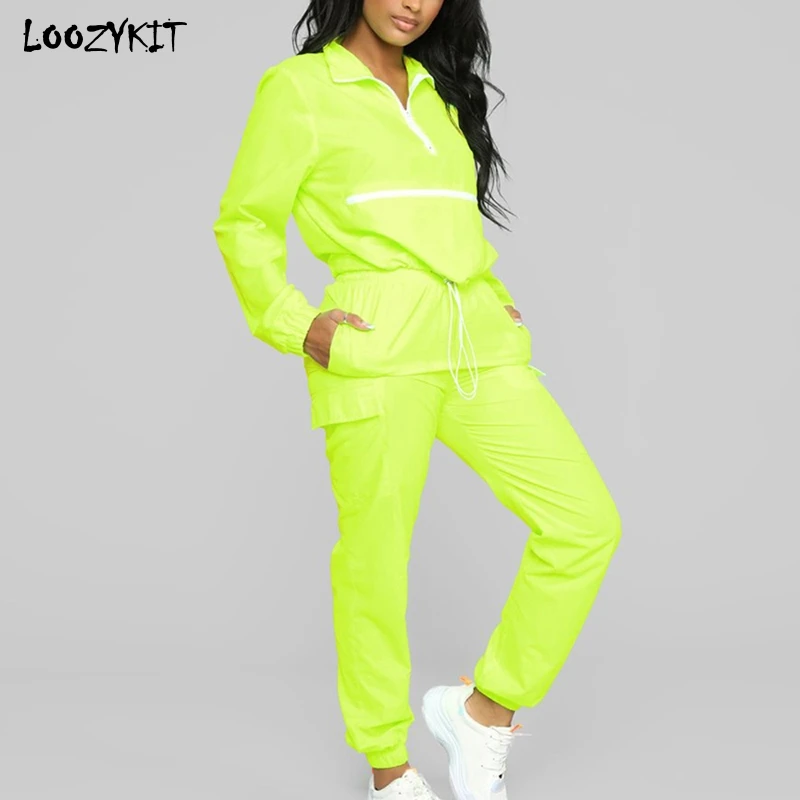 

LOOZYKIT Women Reflective Jacket Casual Neon Tracksuit 2 Piece Set Workout Outfit Lounge Matching Sets Spring Clothes Raincoats