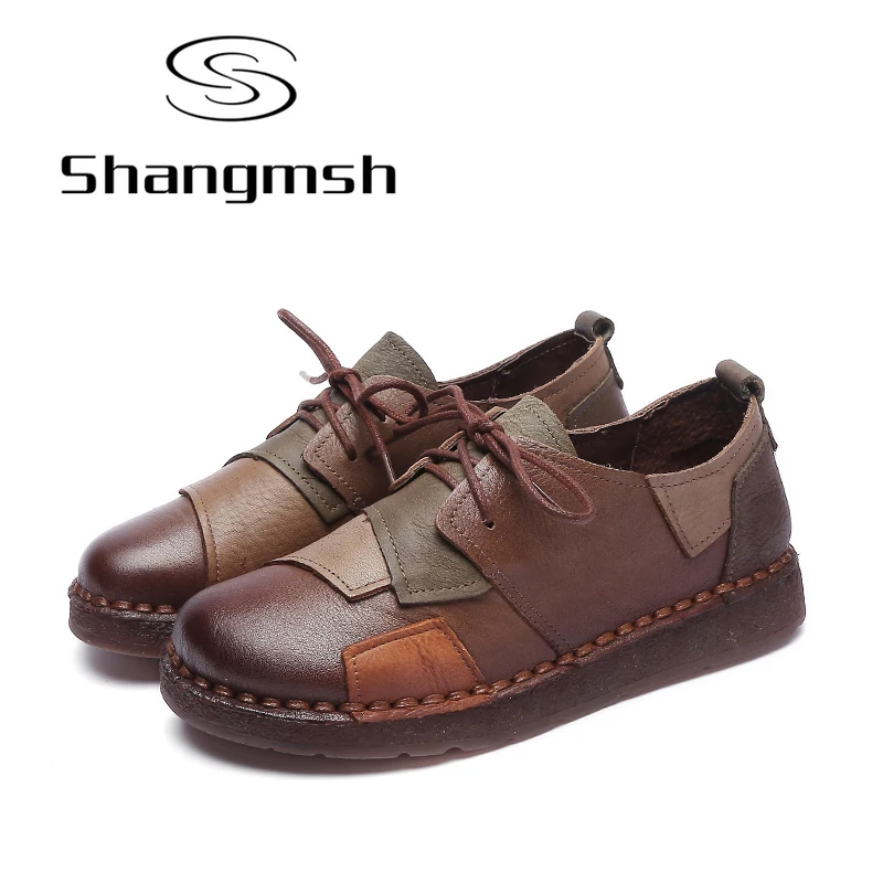

Shangmsh Women Flat Shoes Solid Round Toe Genuine Leather Casual Shoes Black Brown Hand-Sewing Female Moccasins Women Shoes