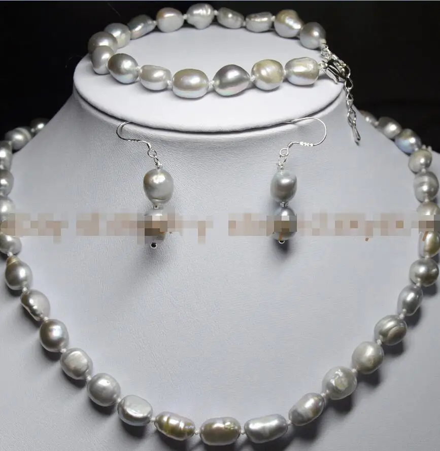 

Hot selling free shipping*****Natural 9-10mm Baroque Silver Freshwater Pearl Necklaces Bracelet Earrings Set