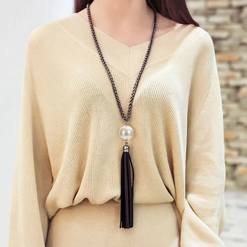 

New Arrival Big Simulated Pearl Tassel Pendant Sweater Chain Long Beads Necklace Fashion Jewelry Gift Free Shipping