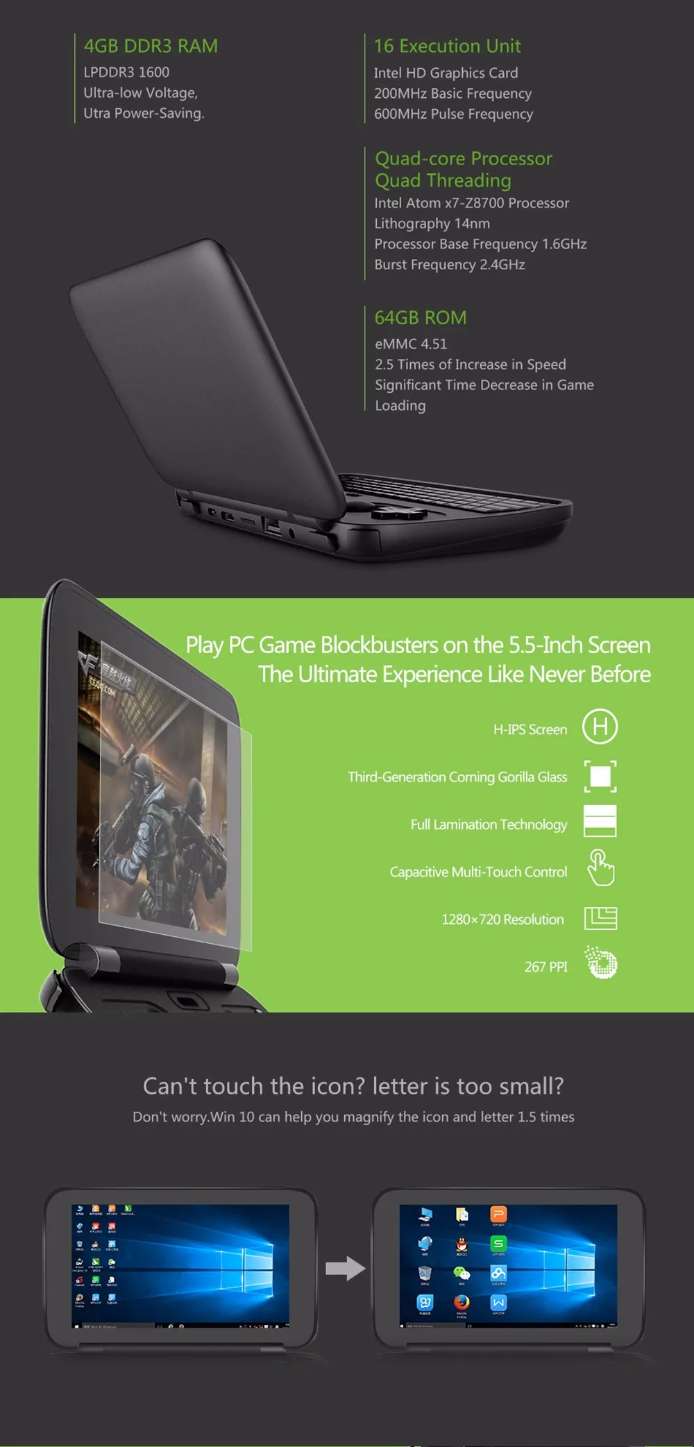 GPD Win 5.5 inch Game Console Intel Atom X7 Z8700 Windows 10 OS 4G64GB Quad Core 2.4GHz Gorilla Glass 1280720 - Black18