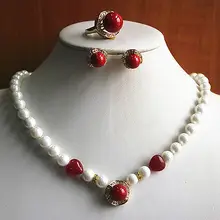 Белый культурная жемчужина акоя комплект ювелирных изделий серебро крючок бело-красное жемчужное ожерелье, серьги, кольцо, Нью-Йорк(7/8/9) комплект ювелирных изделий Серебро-ювелирные изделия