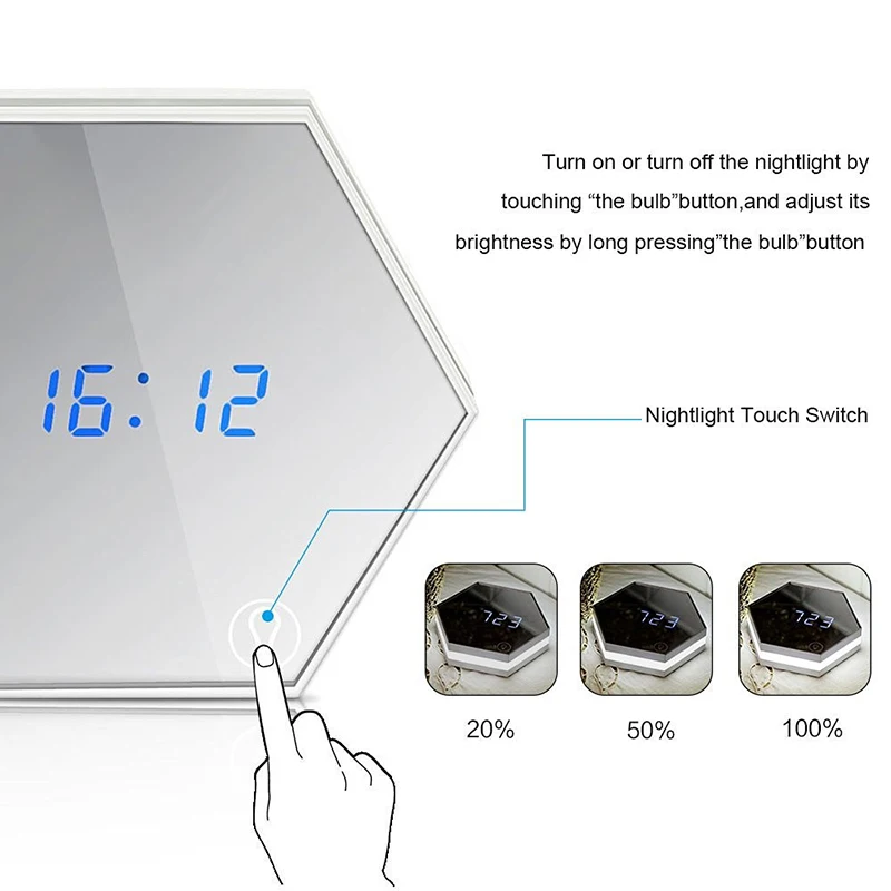 Цифровой настенный будильник, современный дизайн, зеркальный светодиодный светильник, будильник, сенсорный, настольные часы, украшение для дома, гостиной