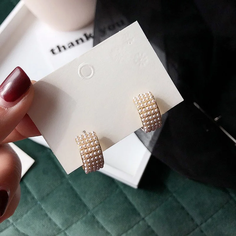 MENGJIQIAO новые корейские серьги-кольца ручной работы с блестящими кристаллами для женщин с имитацией жемчуга, ювелирные изделия для девочек - Окраска металла: 5 line pearl