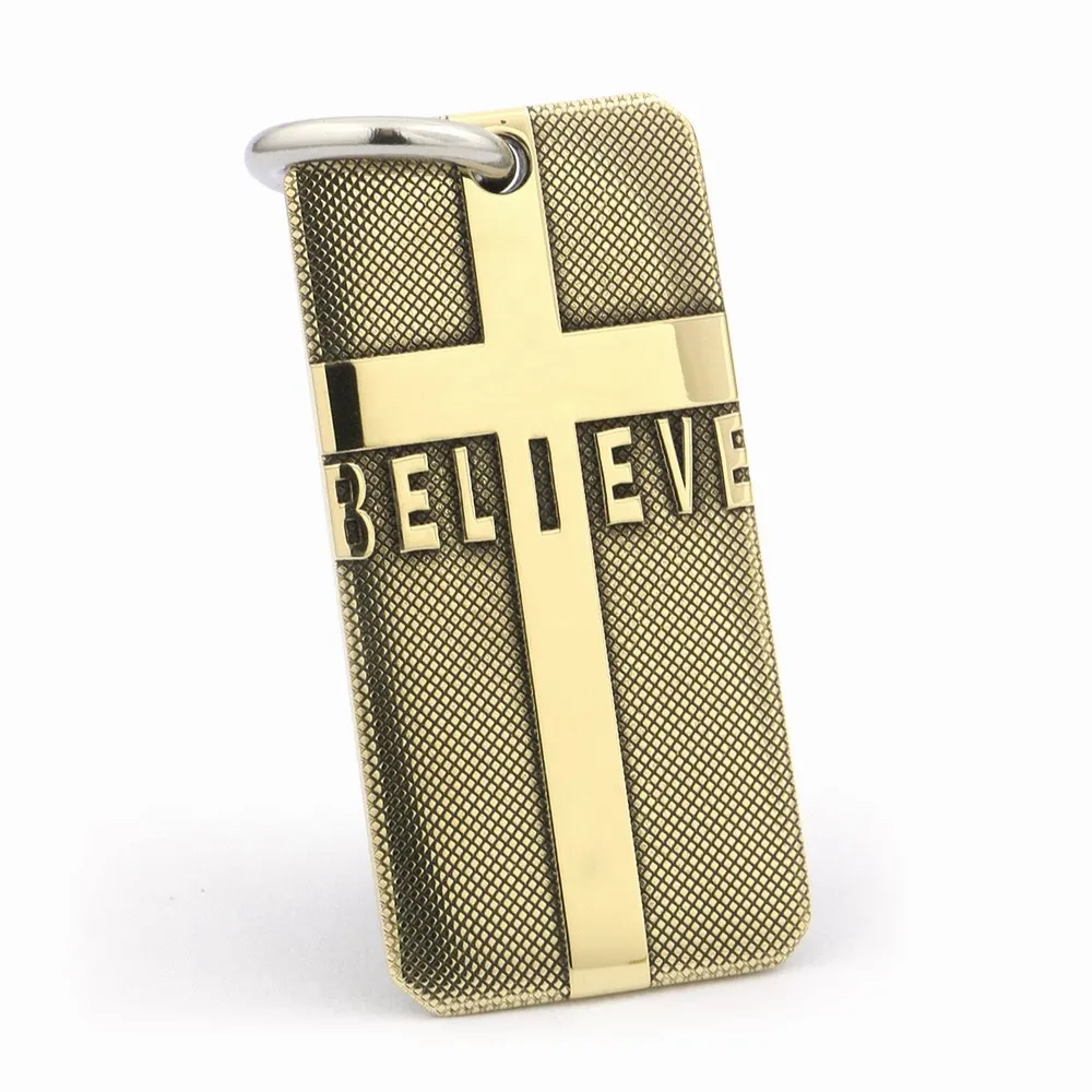 

High Detail Deep Engraved Brass Cross BELIEVE Dogtag Biker Pendant 9X023BA 24"