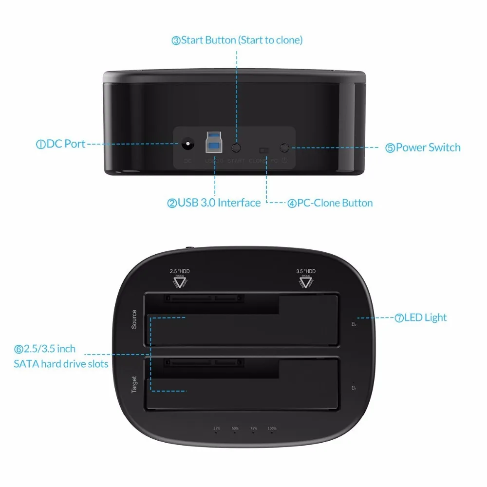 ORICO Dual Bay HDD Docking Station with Offline Clone SATA to USB 3.0 HDD Clone Docking Station for 2.5/3.5'' SSD HDD Enclosure hard disk box