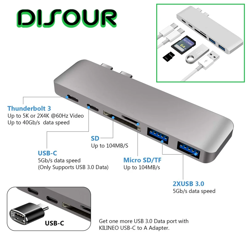 

DISOUR Type C Hub 6-in-1 Aluminum USB C Hub TF card Adapter Dongle Compatible For MacBook Pro 13" 15" Thunderbolt 3 Accessories