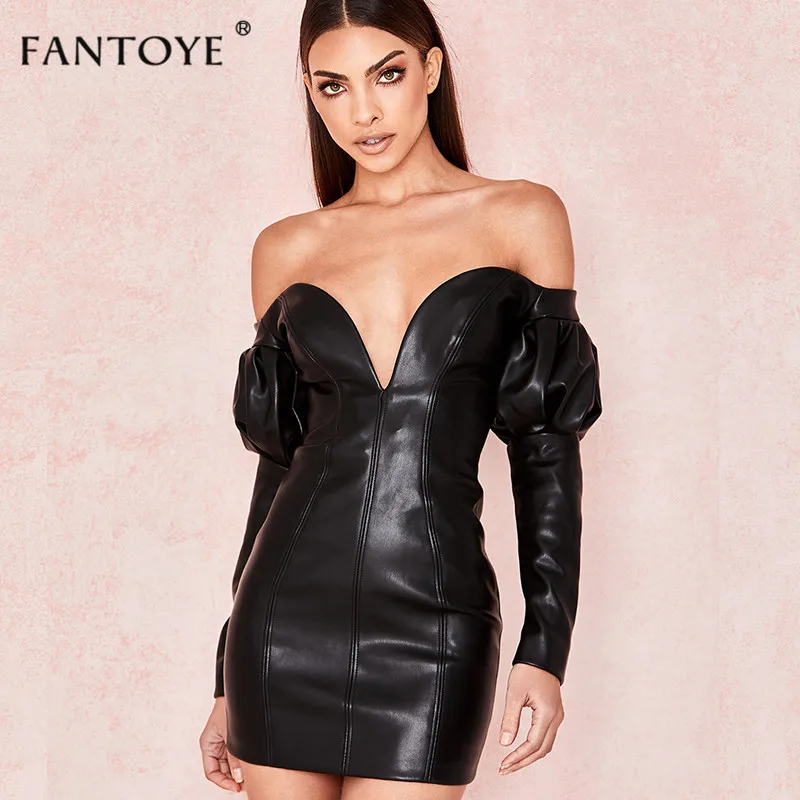 Fantoye модное женское сексуальное платье с глубоким v-образным вырезом, Черное мини-платье из искусственной кожи, женское эластичное платье с открытыми плечами и пышными рукавами, платья для вечеринок