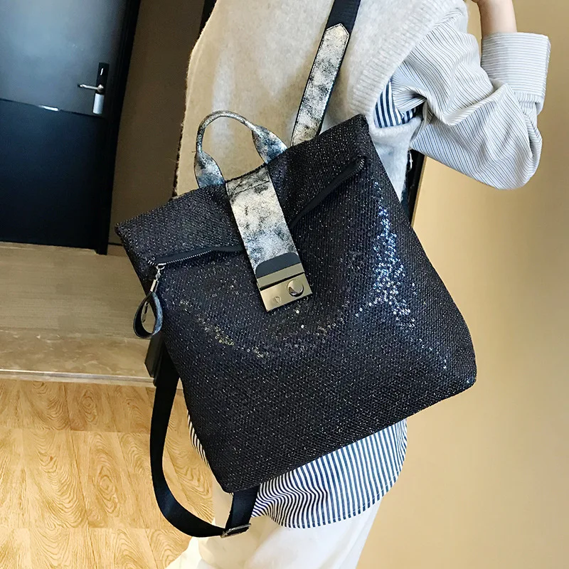 

2019 Fashion Design Glitter Black Sequin Backpack Street Casual Style Black Bags B037