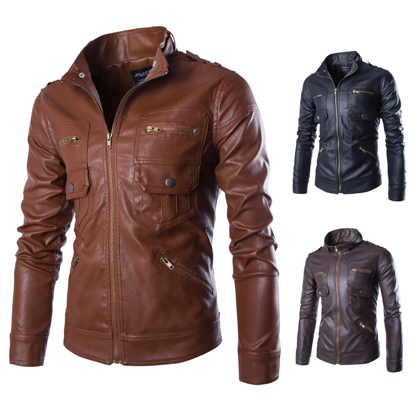 Newest Brand Men Leather Jacket Mandarin Collar High Quality PU Leather ...