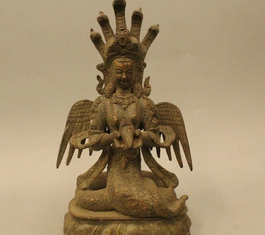 

11" Tibet Tibetan Bronze Gilt Naga Kanya Buddha 5 Snake Head Kwan-yin Buddha Sta