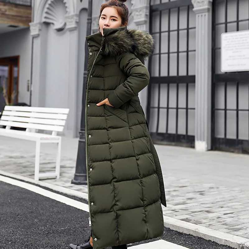 Модная зимняя женская куртка с большим меховым поясом, с капюшоном, толстая пуховая парка, Женская длинная куртка, пальто, тонкая теплая зимняя верхняя одежда, новинка - Цвет: Army Green Fur