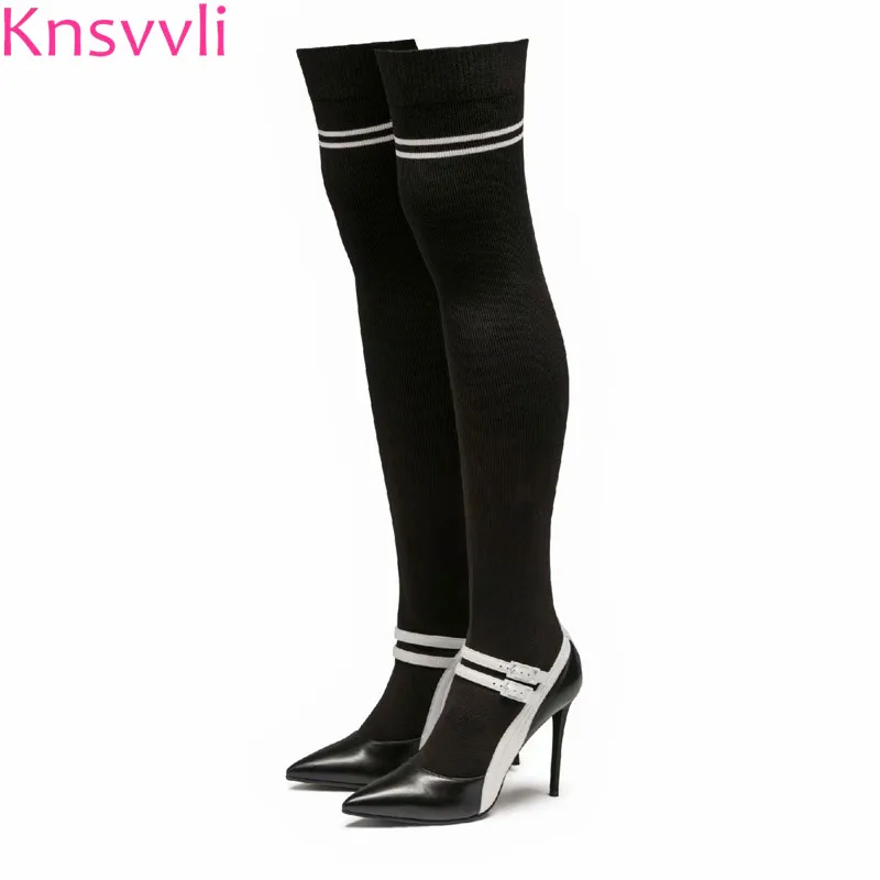

Knsvvli over knee boots woman mixed color belt buckle stretch knit sock long boots sexy pointy toe stiletto heel thigh high boot