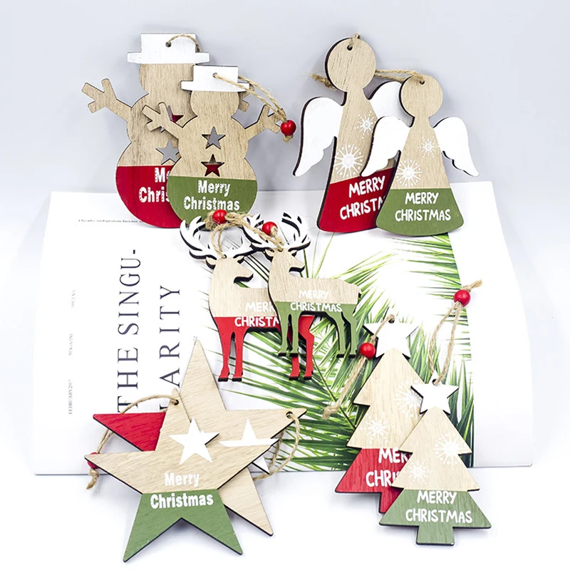 

2PCS(2 size) Painted Letters Christmas Wood Pendant Christmas Decorations for Tree Xmas Hanging Ornaments