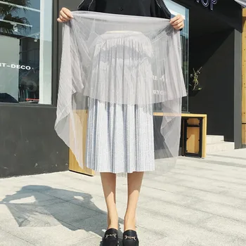 

Women Retro Sequins Pleated Skirt Girl Lady Fashion Boho Swing Tutu Volie Skirt Long Elastic Waist Double Layer Midi Skirts 2019