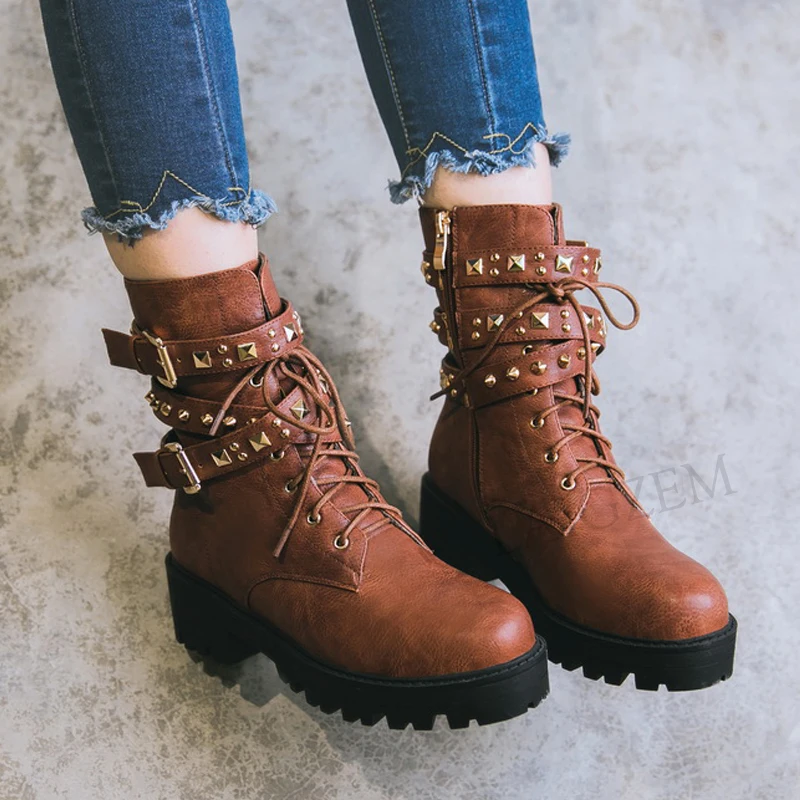 LAIGZEM Women Ankle Boots Mid Chunky Heels Combat Cow Girl Boots Punk Studs Boots Shoes Woman Botines Mujer Small Big Size 32-43