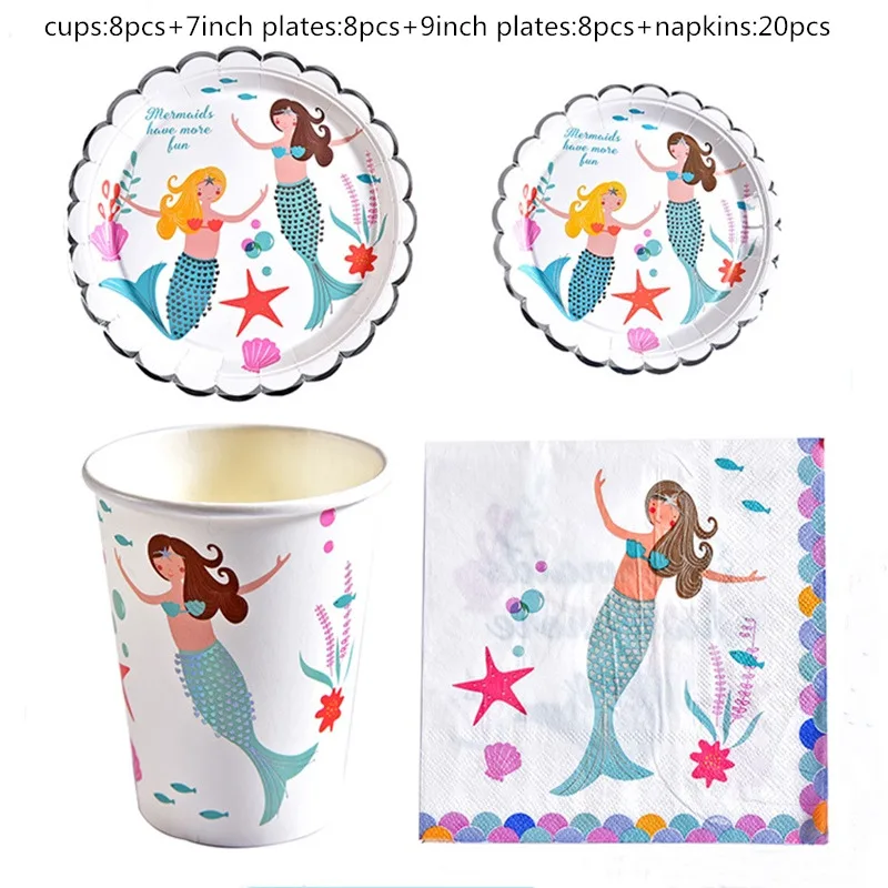 

8pcs/set Happy Baby Shower Girls Favors Napkins Birthday Party Cups Plates Decoration Towels Little Mermaid Theme Tableware Set