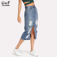 Dotfashion синяя джинсовая юбка с разрезом спереди, Женская Повседневная, уличная Весенняя летняя Женская корейская модная юбка