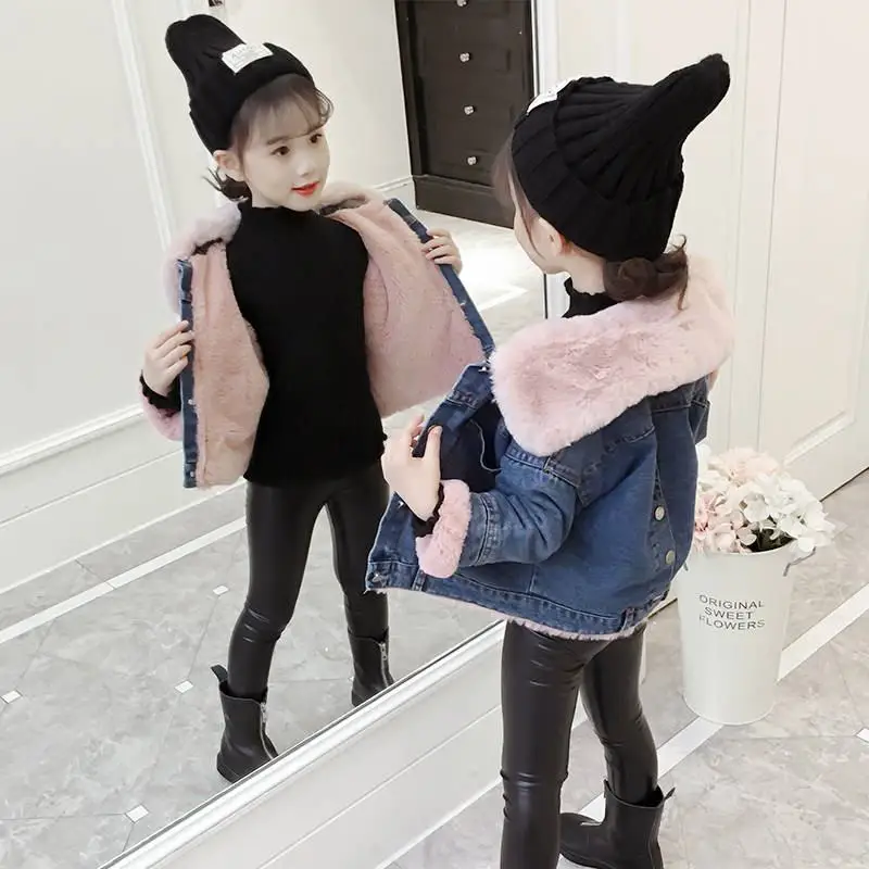 Autumn Winter Children Girls Plus Velvet Jeans Jackets Kids Girls Thick Warm Faux Rabbit Fur Denim Coats Baby Clothing W140