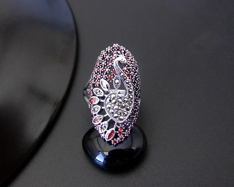 FNJ 925 Серебряное кольцо с павлином модное красное циркониевое S925 Стерлинговое тайское серебряное кольцо для женщин ювелирное изделие регулируемый размер
