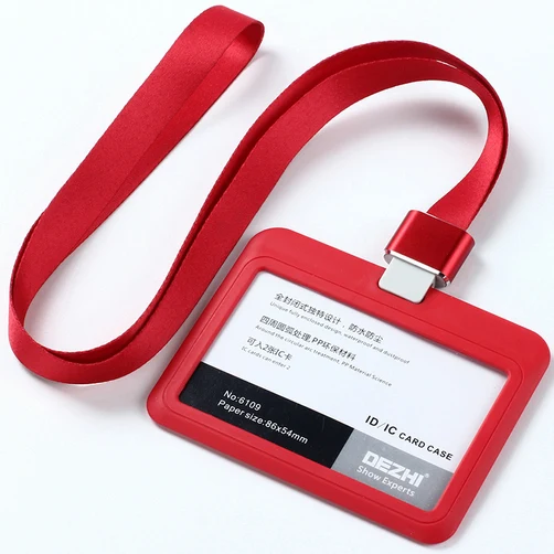 Экологичный пластиковый горизонтальный стиль ID IC карты держатель значка с полиэфирным шнурком, Пользовательский логотип держатель для карт, твердый/полоса - Цвет: red set