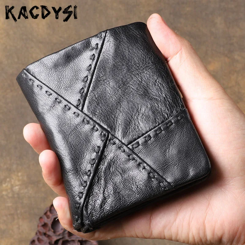 

Genuine Leather Handmade Men Wallets Patchwork Mens Wallet Card Holder Vintage High Quality Short Bilfold Purse Male Coin Pouch