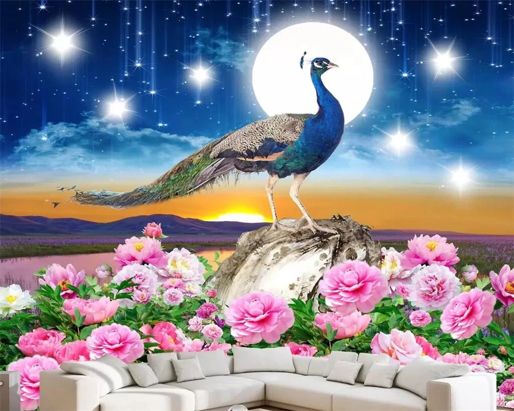 Carta Da Parati Personalizzata Dream Starry Sky Bird Pavone Rich Flower Open Tv Sfondo Parete Soggiorno Camera Da Letto Carta Da Parati 3D