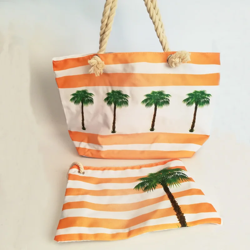 

Wholesale Blanks Pineapple Canvas Beach Tote Rope Handle Zipper Closure Flamingo Tote Beach Bag with Matching Clutch DOM843