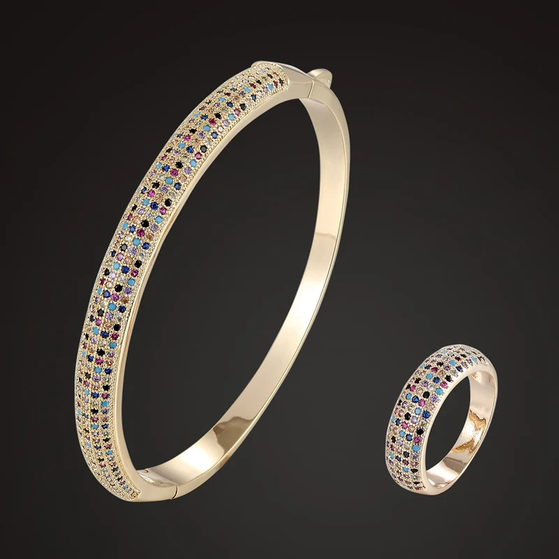 

Zlxgirl Brand metal colorful Cubic Zircon Bangle And Ring Wedding jewelry Sets shiny women's fashion bridal jewelry sets bangle