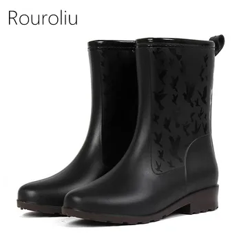

Rouroliu Women Anti-Slip Mid-Calf Rain Boots Autumn Winter Warm PVC Waterproof Water Shoes Woman Wellies RB172