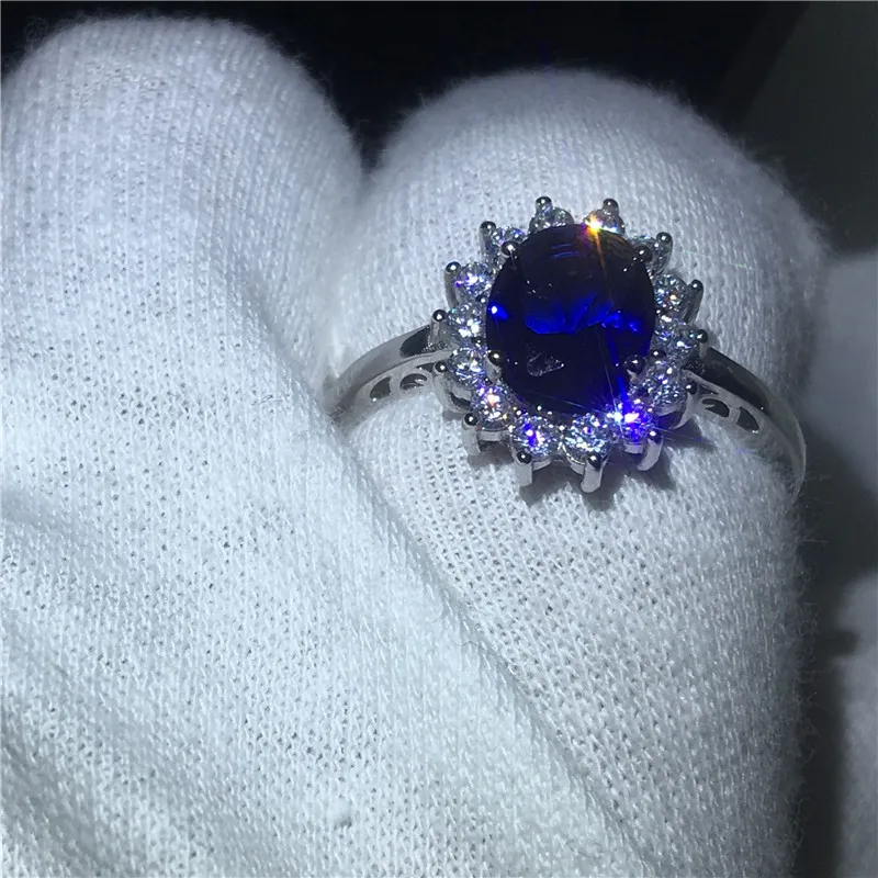 Royal Jewelry Princess Diana 100% Real 925 Sterling silver ring Blue 5A Zircon Cz Engagement wedding band rings for women Bridal