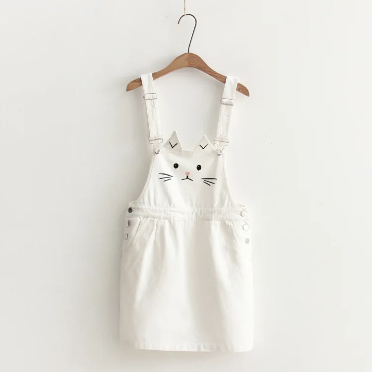 Women Cute Cat Embroidery Jeans Dress Spaghetti Strap Suspender Dress Overalls Black White Casual Dress Vestidos