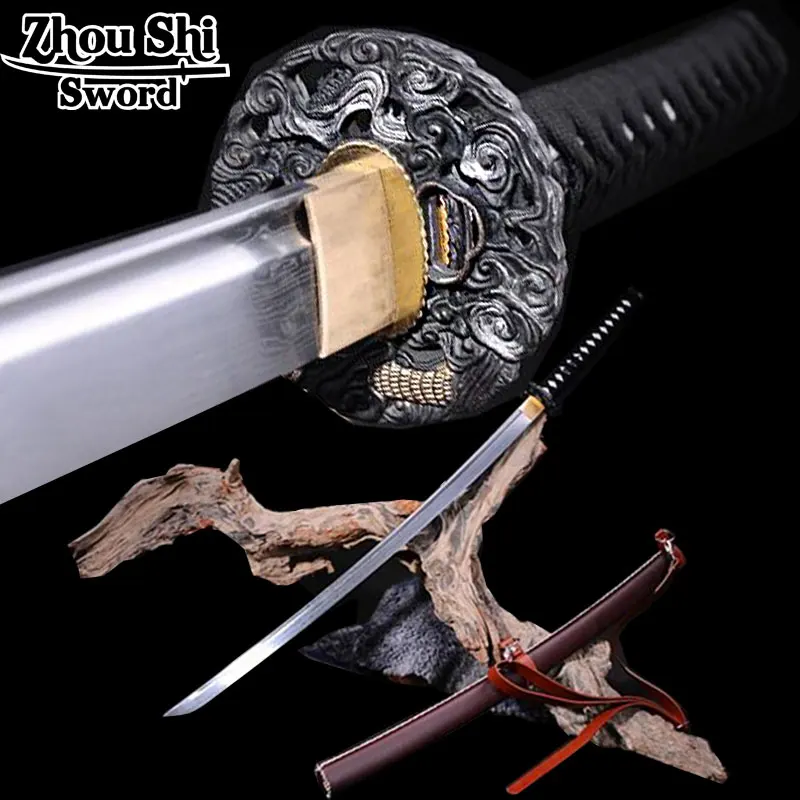

Full Handmade Samurai Sword Black Japanese Katana Damascus Folded Steel Blade Practical Sharp Ginsu knives