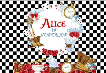 

7x5FT Black Checkers Alice in Wonderland Clock Dress Poker Party Custom Photo Studio Backdrop Background Vinyl 220cm X 150cm