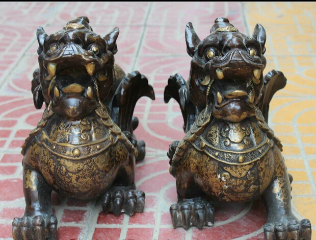 huij 006924 14 Chinese Bronze Feng Shui Wealth Unicorn Beast Pi Xiu Sculpture Statue Pair |