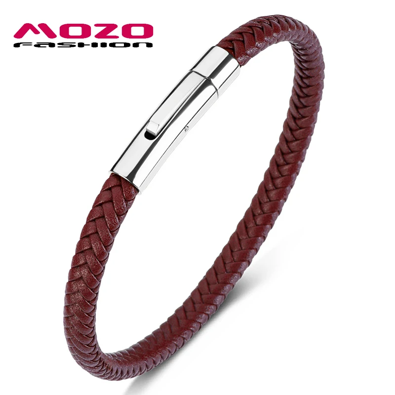 

MOZO FASHION Wholesale Punk Men Jewelry Braided Leather Bracelet Women Handmade Silver Bracelet Trendy Clasp Wrist Band Brown