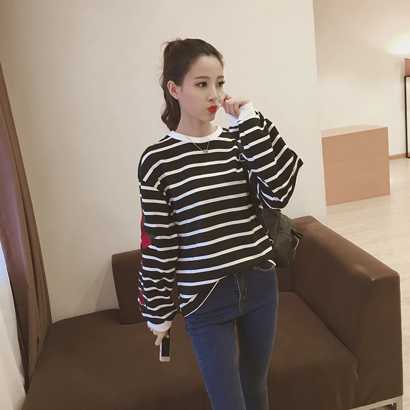 Roses Embroidery Lantern Sleeve Loose Striped Women Sweatshirt (22)
