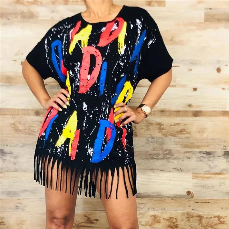 

Plus Size Letter Print T-shirt Dress Women O-neck Short Sleeve Sexy Tassel Dress Streetwear Summer Loose Mini Casual Dresses