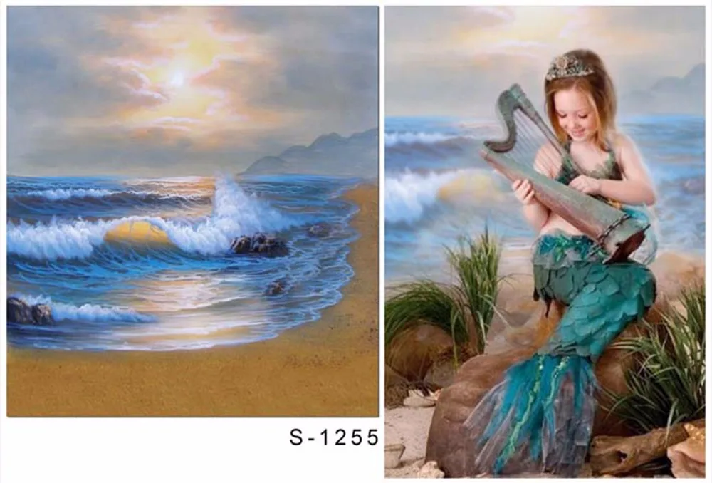 

Sandy Beach Sunset Scenic Photography Background Printed Spindrift Princess Girl Mermaid Birthday Party Photo Booth Backdrops