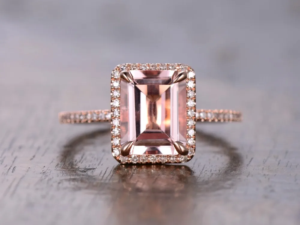 

MYRAY 14k Rose Gold 7x9mm Emerald Cut Natural Genuine Pink Morganite Stone Diamond Wedding Engagement Vintage Ring Women Rings