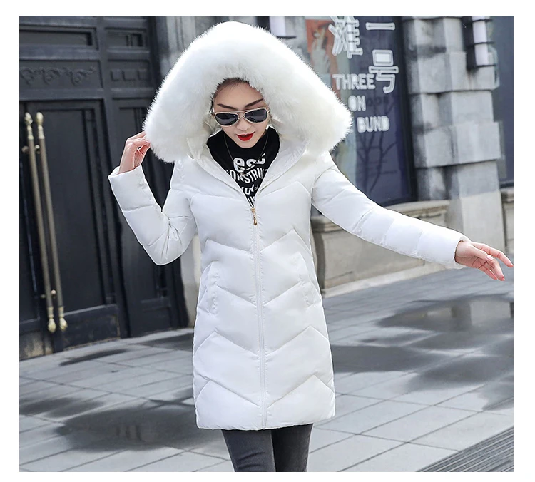 Белое Женское зимнее теплое пальто с капюшоном размера плюс, меховой воротник, хлопковая стеганая куртка, Женская длинная парка, Женская Стеганая куртка