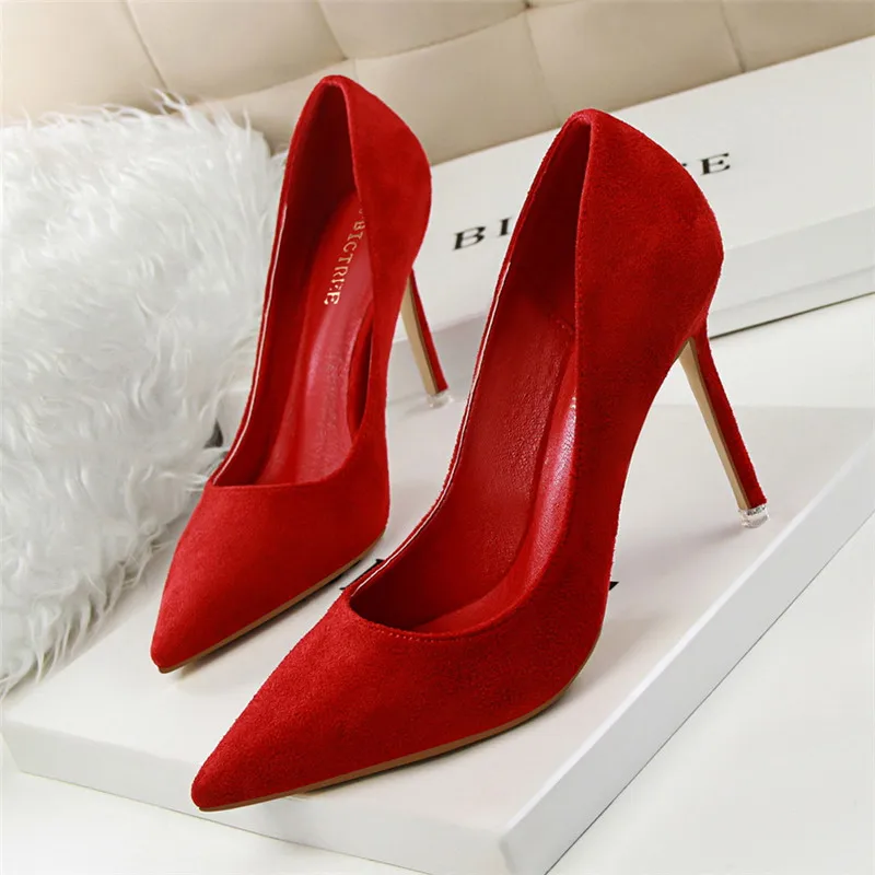 Новые модные женские офисные туфли на высоком каблуке с острым носком; однотонные женские туфли из флока на высоком каблуке; 9 цветов - Цвет: Красный