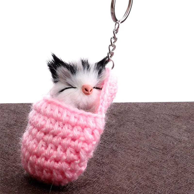 

Cute Sleeping Cat Pompom Keychains Rabbit fur key chain porte clef pompom de fourrure fluffy Bag Charms bunny keychain Keyring