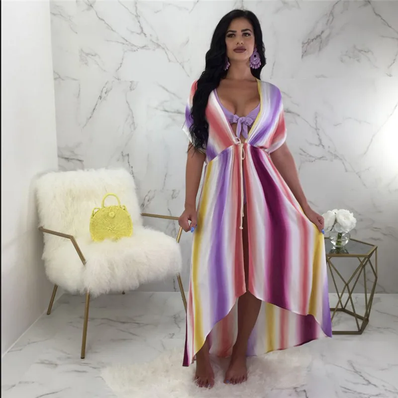 Summer Women Bikini Set 2018 New High Waist Push Up Bathing Suit + Long Multicolor  Cover Up Swimwear Swimsuit Cardigan3