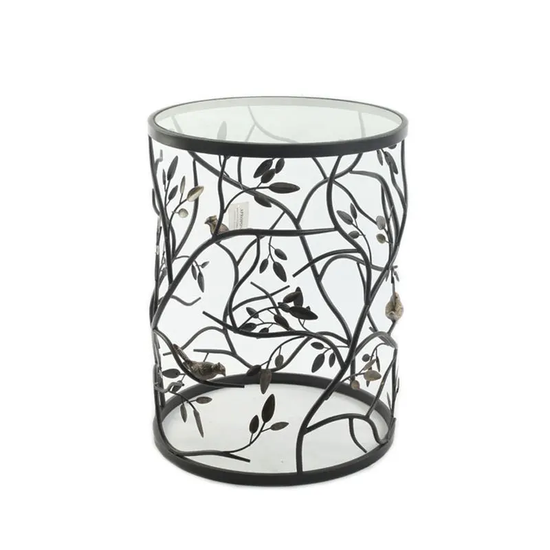 Vintage Round Living Room Sofa Balcony Small Round Table Side Table, Iron Tea Table Tempered Glass, Creative Furniture