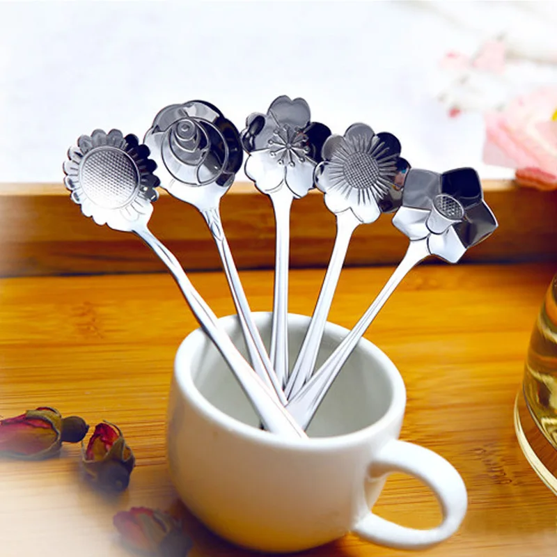 5pcs Tea Spoon Ice Cream Coffee Scoop Stainless Steel Flower Shape Soup Spoon Tableware Five Style For Choose
