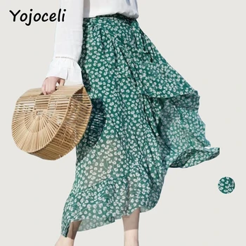 

Yojoceli Ruffle bow print green skirt High waist chiffon chic women skirt Long casual sexy party bottom